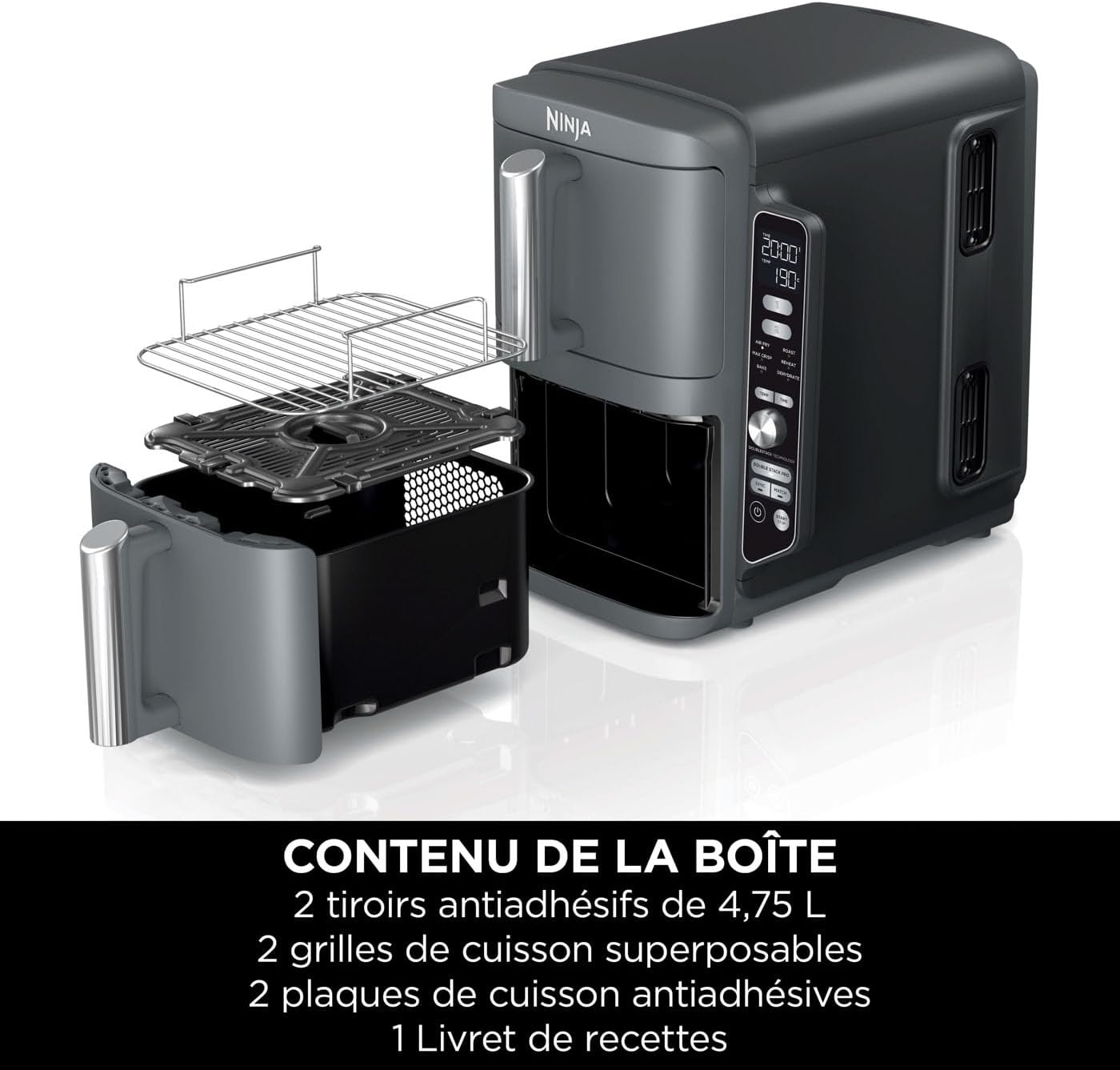 Ninja Double Stack XL Friteuse sans huile, friteuse verticale à 2-tiroirs, 4-niveaux cuisson, 2-tiroirs et 2-grilles, design compact, capacité de 9,5L, 6-fonctions de cuisson, 8-portions