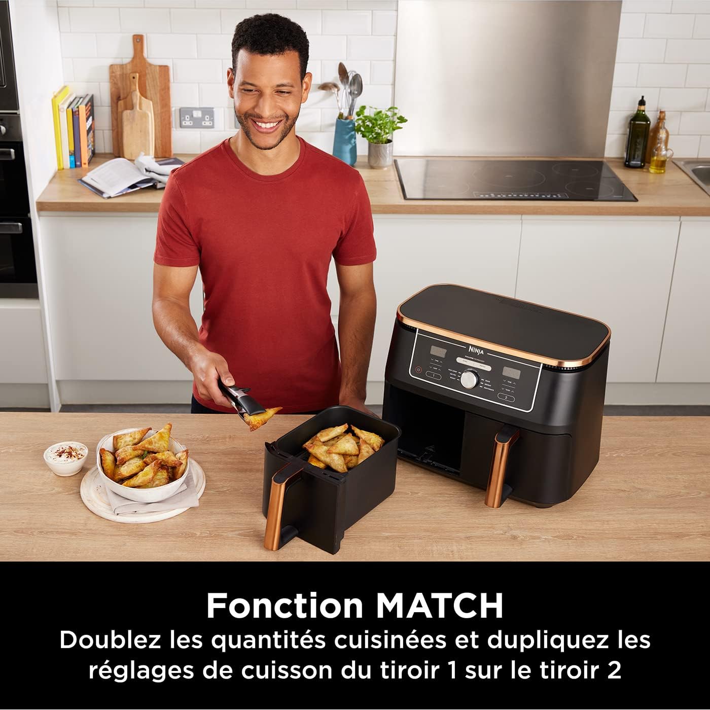 NINJA Foodi MAX Dual Zone Air Fryer, 2-Tiroirs, 9,5L, 6-en-1, Sans Huile, Air Fry, Max Crisp, Rôtir, Cuire, Paniers Anti-adhésifs Lavables Au Lave-Vaisselle, Cuivre/Noir