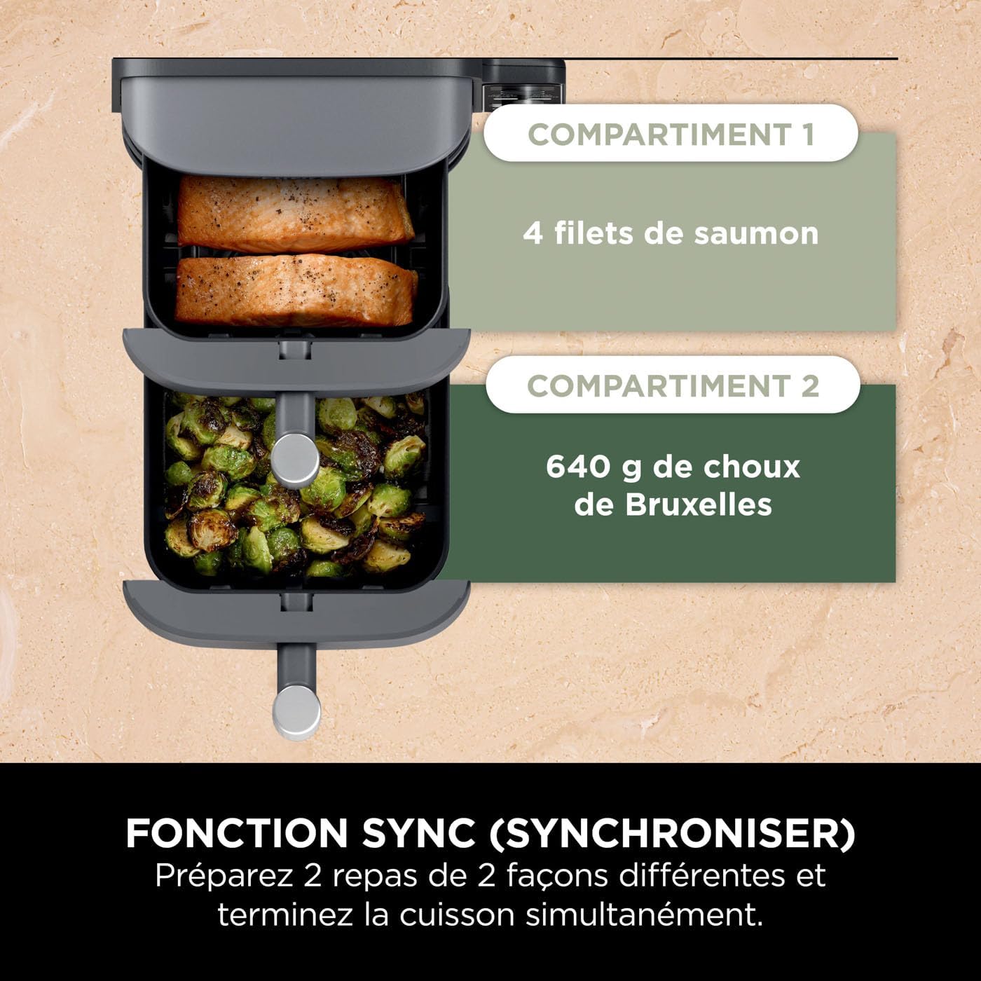 Ninja Double Stack XL Friteuse sans huile, friteuse verticale à 2-tiroirs, 4-niveaux cuisson, 2-tiroirs et 2-grilles, design compact, capacité de 9,5L, 6-fonctions de cuisson, 8-portions