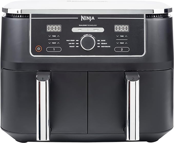 NINJA Foodi MAX Dual Zone Air Fryer, 2-Tiroirs, 9,5L, 6-en-1, Sans Huile, Air Fry, Croustillant Max, Rôtir, Cuire, Déshydrater, 8 Portions, Paniers Antiadhésifs Vont Au Lave-Vaisselle, Noir AF400EU