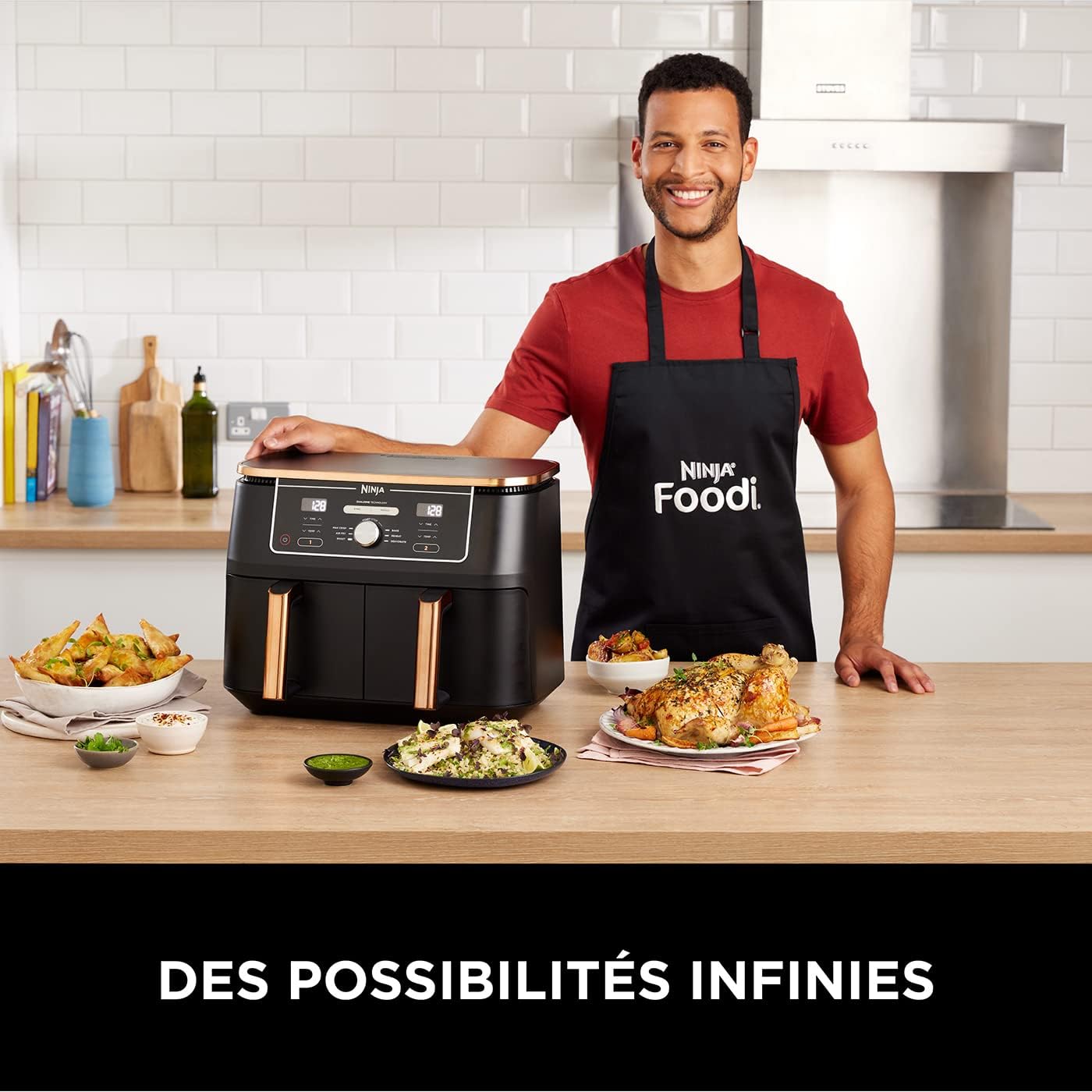 NINJA Foodi MAX Dual Zone Air Fryer, 2-Tiroirs, 9,5L, 6-en-1, Sans Huile, Air Fry, Max Crisp, Rôtir, Cuire, Paniers Anti-adhésifs Lavables Au Lave-Vaisselle, Cuivre/Noir