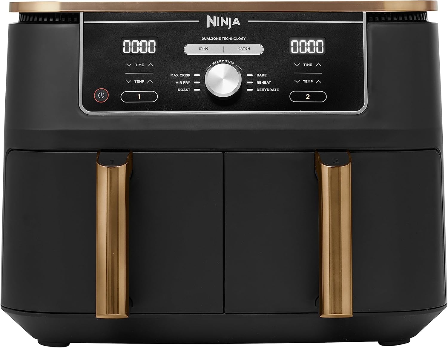 NINJA Foodi MAX Dual Zone Air Fryer, 2-Tiroirs, 9,5L, 6-en-1, Sans Huile, Air Fry, Max Crisp, Rôtir, Cuire, Paniers Anti-adhésifs Lavables Au Lave-Vaisselle, Cuivre/Noir