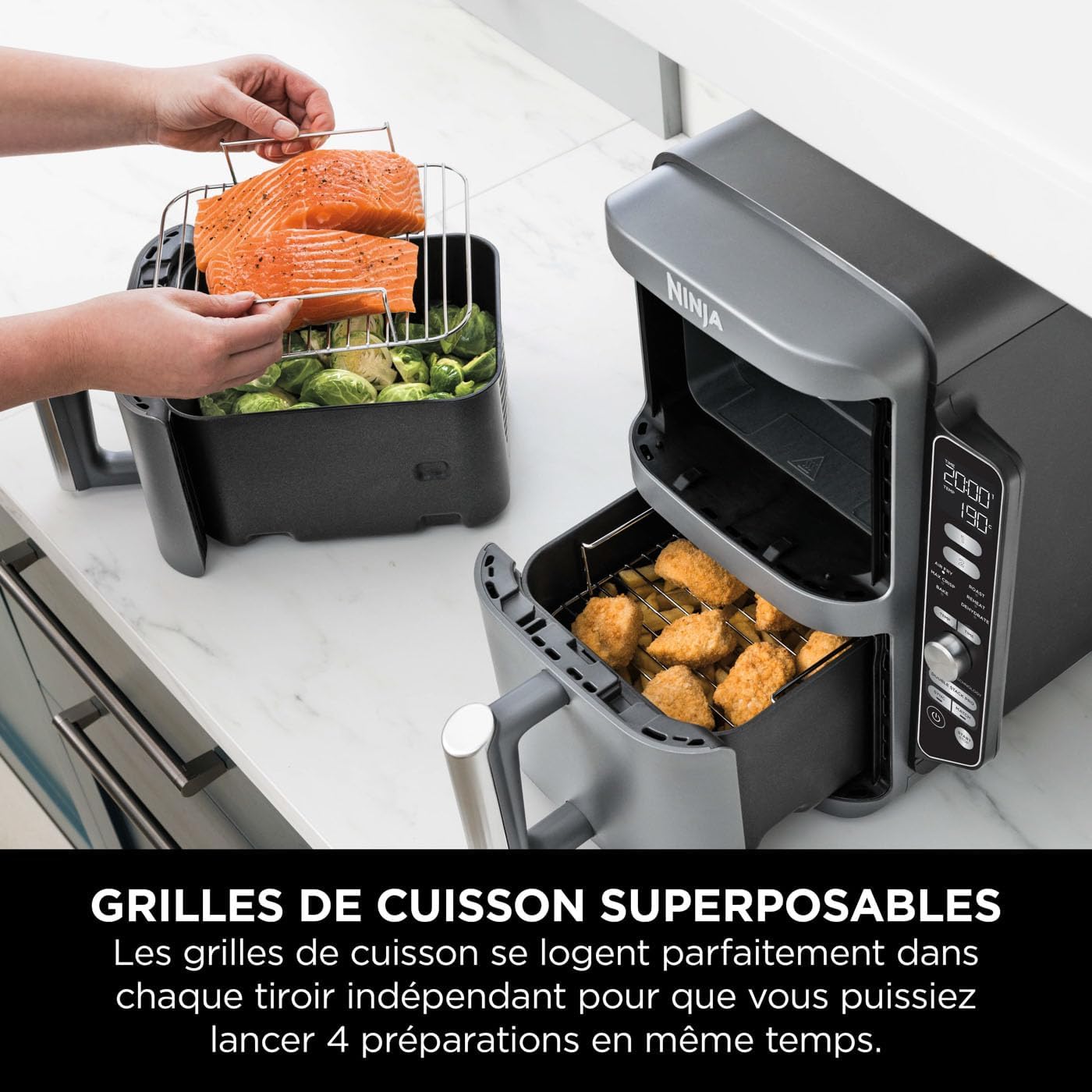 Ninja Double Stack XL Friteuse sans huile, friteuse verticale à 2-tiroirs, 4-niveaux cuisson, 2-tiroirs et 2-grilles, design compact, capacité de 9,5L, 6-fonctions de cuisson, 8-portions