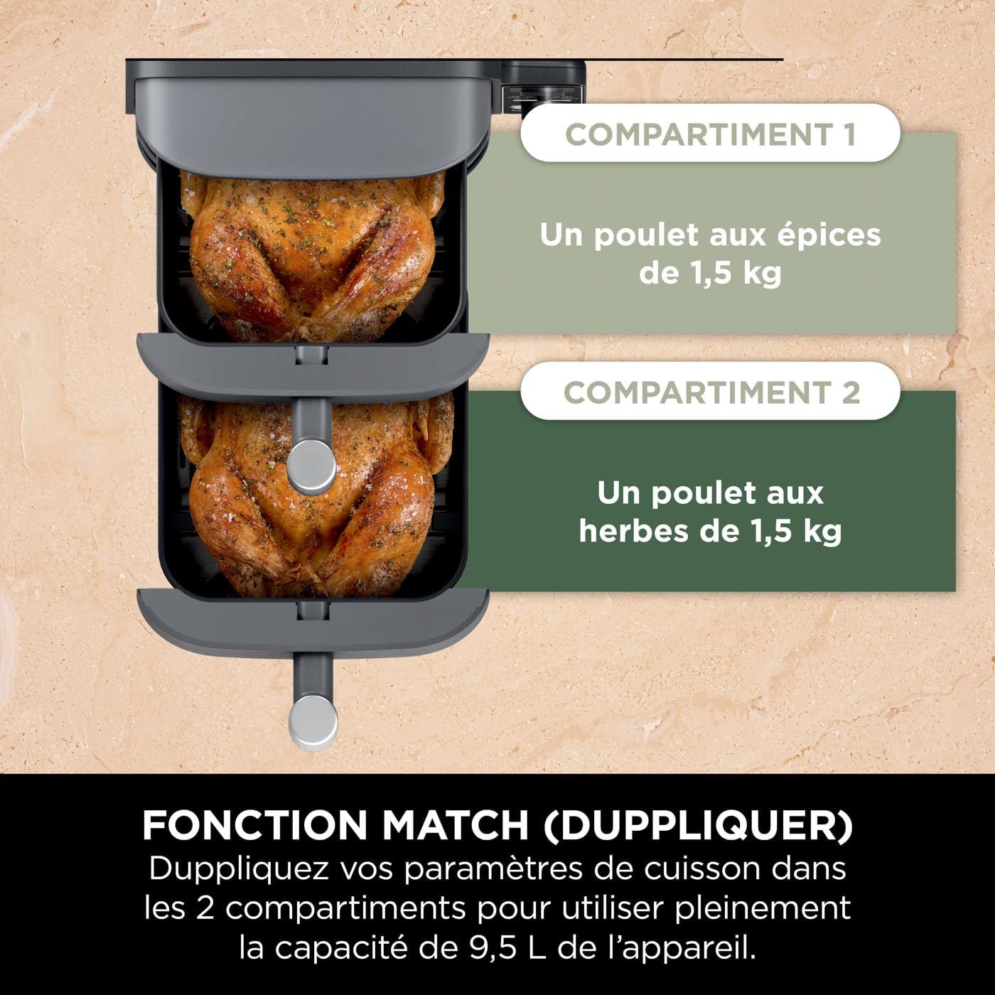 Ninja Double Stack XL Friteuse sans huile, friteuse verticale à 2-tiroirs, 4-niveaux cuisson, 2-tiroirs et 2-grilles, design compact, capacité de 9,5L, 6-fonctions de cuisson, 8-portions