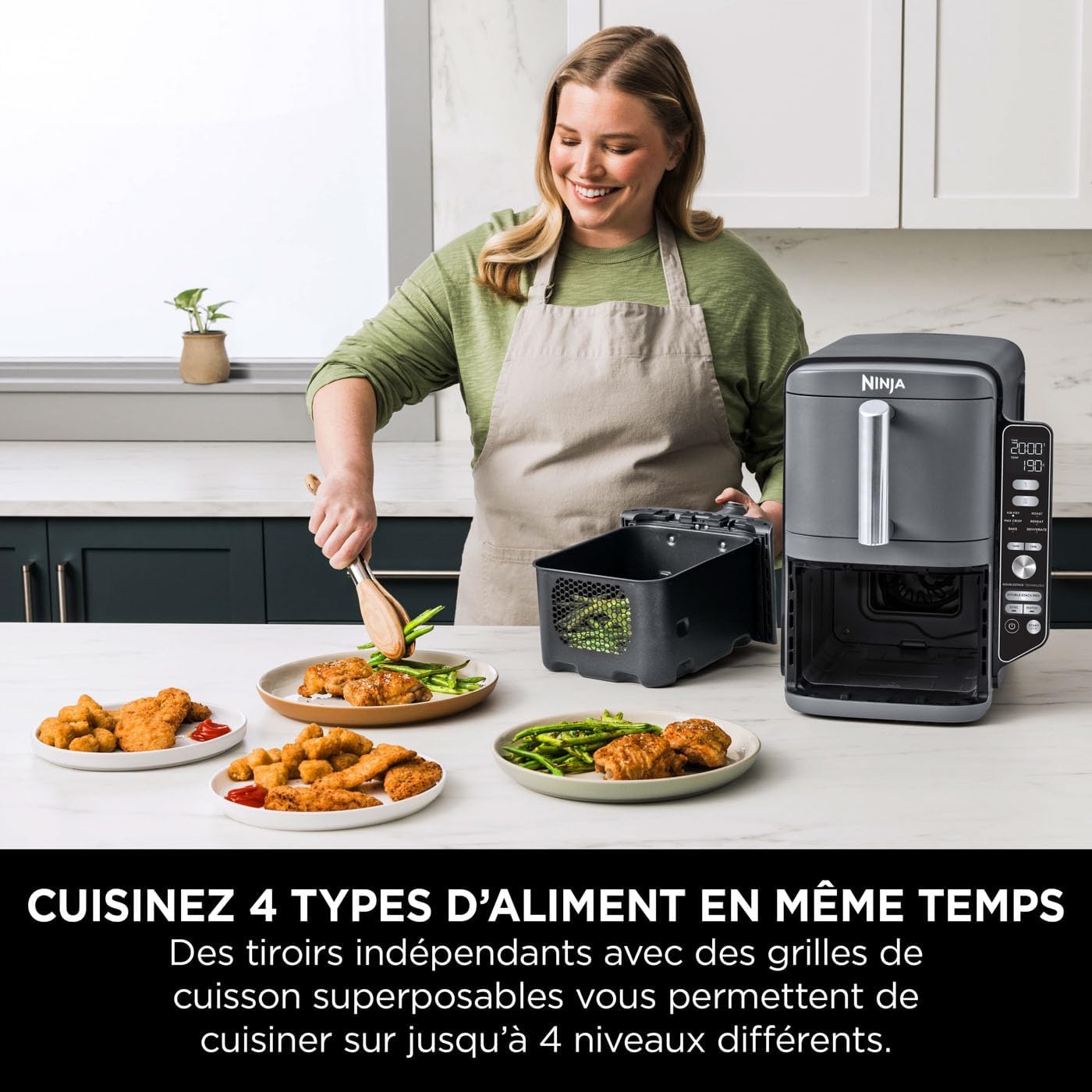 Ninja Double Stack XL Friteuse sans huile, friteuse verticale à 2-tiroirs, 4-niveaux cuisson, 2-tiroirs et 2-grilles, design compact, capacité de 9,5L, 6-fonctions de cuisson, 8-portions