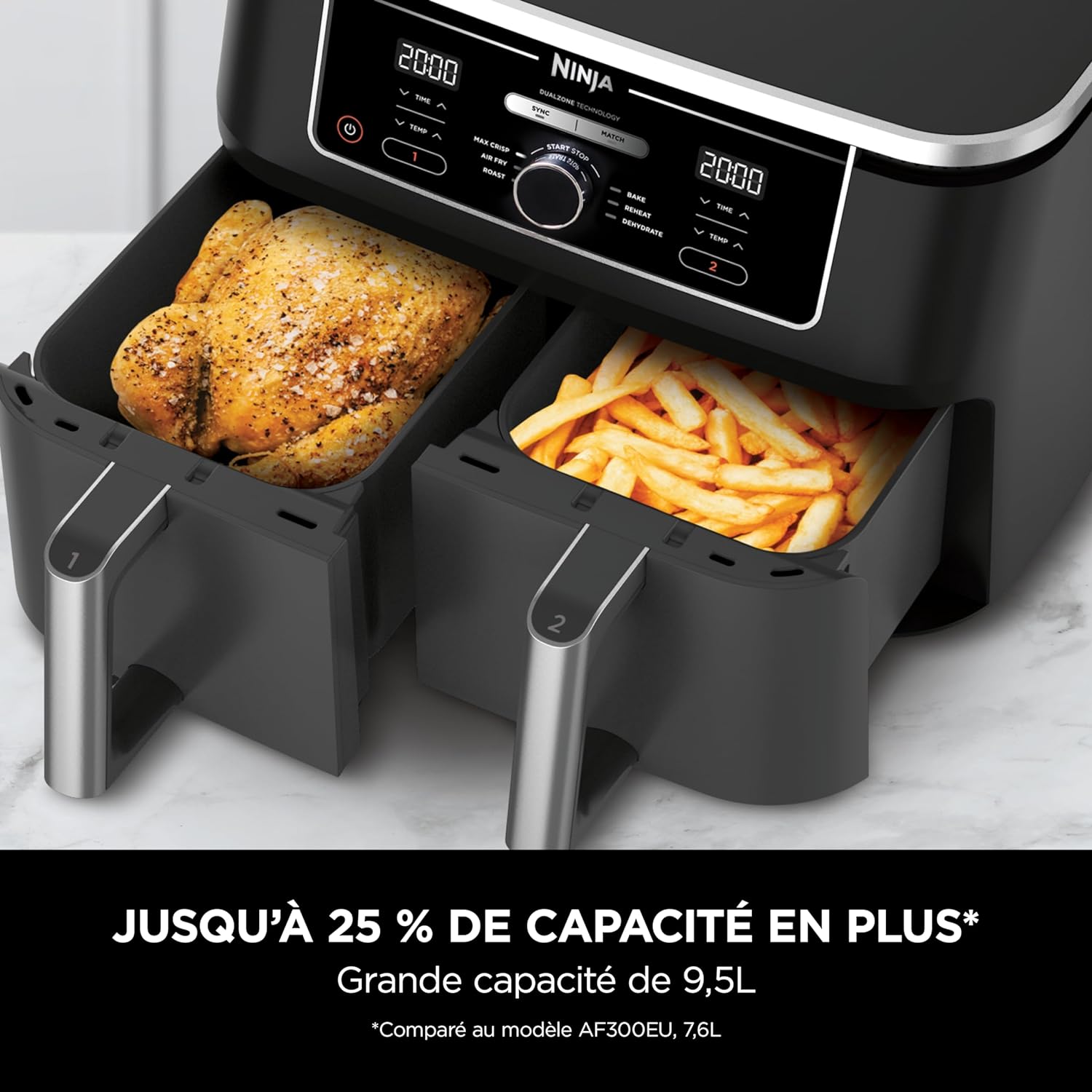 NINJA Foodi MAX Dual Zone Air Fryer, 2-Tiroirs, 9,5L, 6-en-1, Sans Huile, Air Fry, Croustillant Max, Rôtir, Cuire, Déshydrater, 8 Portions, Paniers Antiadhésifs Vont Au Lave-Vaisselle, Noir AF400EU