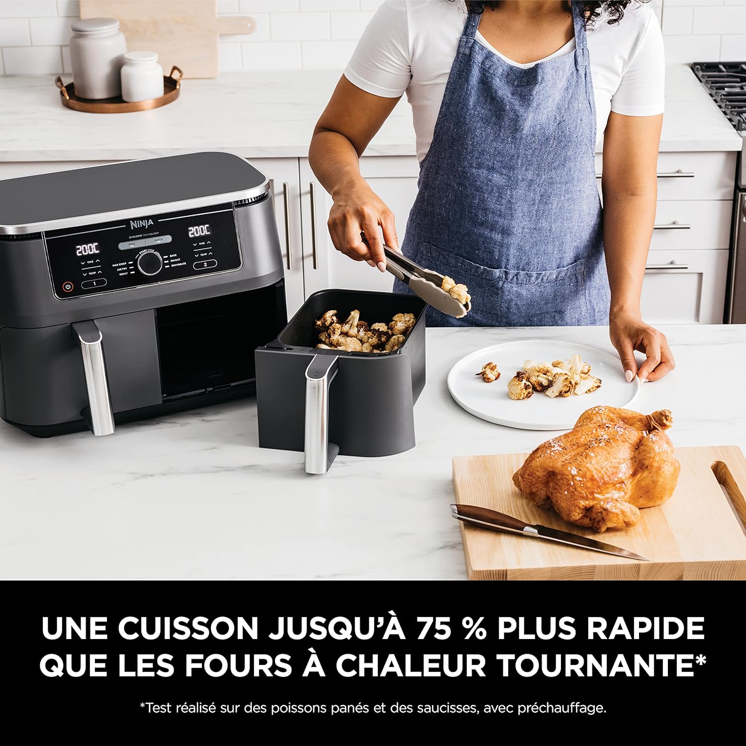 NINJA Foodi MAX Dual Zone Air Fryer, 2-Tiroirs, 9,5L, 6-en-1, Sans Huile, Air Fry, Croustillant Max, Rôtir, Cuire, Déshydrater, 8 Portions, Paniers Antiadhésifs Vont Au Lave-Vaisselle, Noir AF400EU