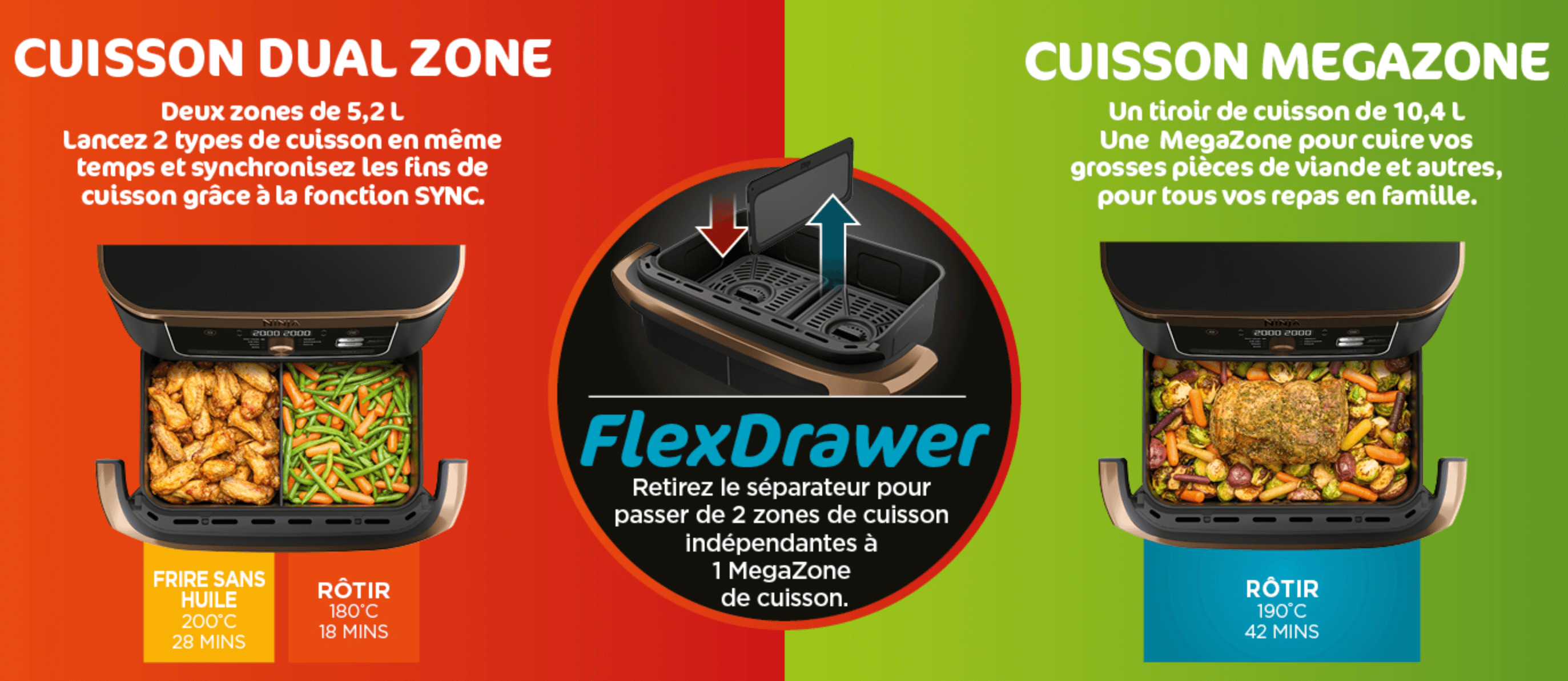 NINJA Foodi FlexDrawer Air Fryer, Dual Zone Avec Séparateur Amovible, Grand Tiroir de 10.4 L, 7-en-1, Double Zone, Pièces Antiadhésives Compatibles Au Lave-Vaisselle, Noir & Cuivre, AF500EUCP