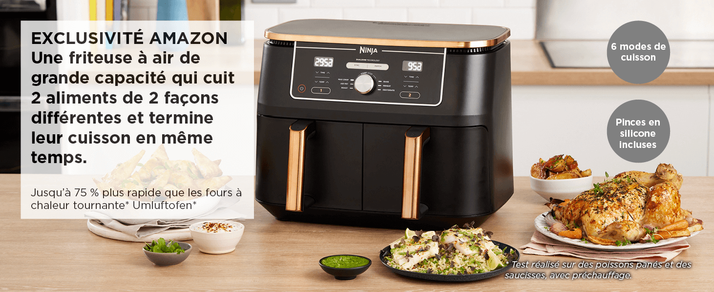 NINJA Foodi MAX Dual Zone Air Fryer, 2-Tiroirs, 9,5L, 6-en-1, Sans Huile, Air Fry, Max Crisp, Rôtir, Cuire, Paniers Anti-adhésifs Lavables Au Lave-Vaisselle, Cuivre/Noir