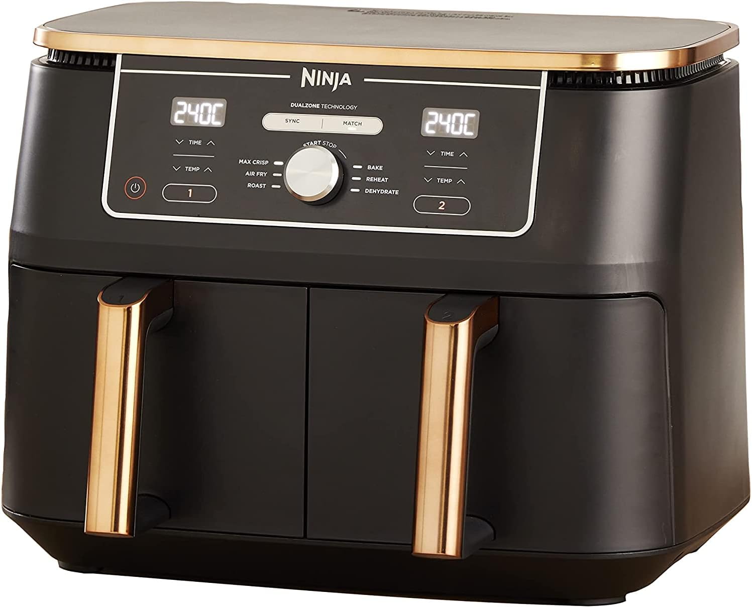 NINJA Foodi MAX Dual Zone Air Fryer, 2-Tiroirs, 9,5L, 6-en-1, Sans Huile, Air Fry, Max Crisp, Rôtir, Cuire, Paniers Anti-adhésifs Lavables Au Lave-Vaisselle, Cuivre/Noir