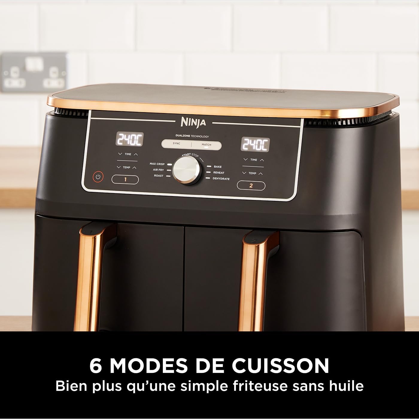 NINJA Foodi MAX Dual Zone Air Fryer, 2-Tiroirs, 9,5L, 6-en-1, Sans Huile, Air Fry, Max Crisp, Rôtir, Cuire, Paniers Anti-adhésifs Lavables Au Lave-Vaisselle, Cuivre/Noir