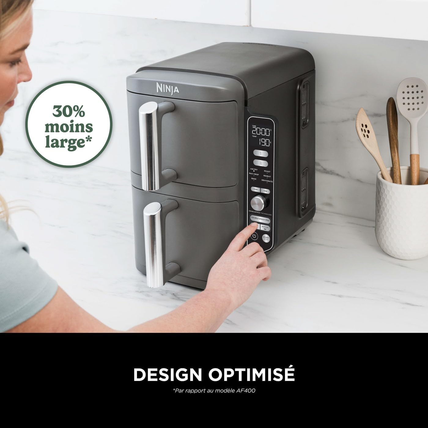 Ninja Double Stack XL Friteuse sans huile, friteuse verticale à 2-tiroirs, 4-niveaux cuisson, 2-tiroirs et 2-grilles, design compact, capacité de 9,5L, 6-fonctions de cuisson, 8-portions
