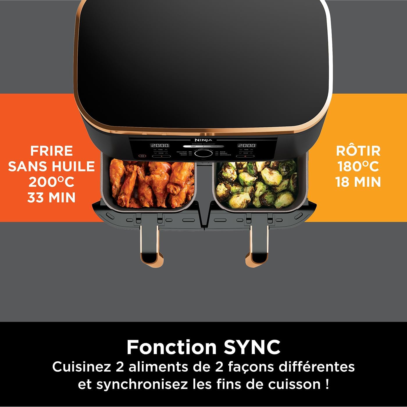 NINJA Foodi MAX Dual Zone Air Fryer, 2-Tiroirs, 9,5L, 6-en-1, Sans Huile, Air Fry, Max Crisp, Rôtir, Cuire, Paniers Anti-adhésifs Lavables Au Lave-Vaisselle, Cuivre/Noir