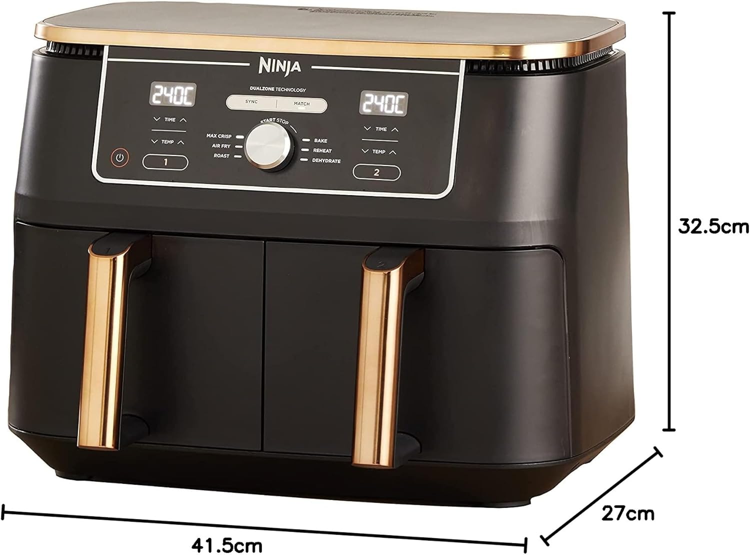 NINJA Foodi MAX Dual Zone Air Fryer, 2-Tiroirs, 9,5L, 6-en-1, Sans Huile, Air Fry, Max Crisp, Rôtir, Cuire, Paniers Anti-adhésifs Lavables Au Lave-Vaisselle, Cuivre/Noir