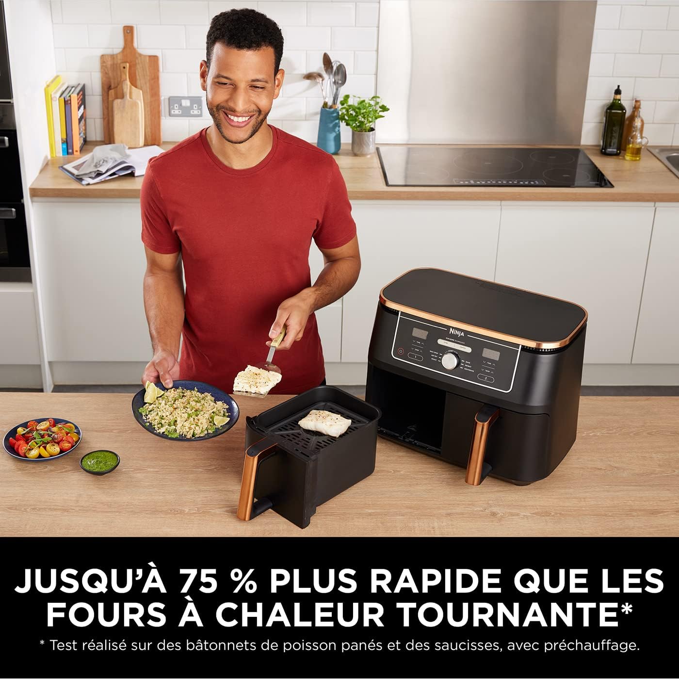 NINJA Foodi MAX Dual Zone Air Fryer, 2-Tiroirs, 9,5L, 6-en-1, Sans Huile, Air Fry, Max Crisp, Rôtir, Cuire, Paniers Anti-adhésifs Lavables Au Lave-Vaisselle, Cuivre/Noir