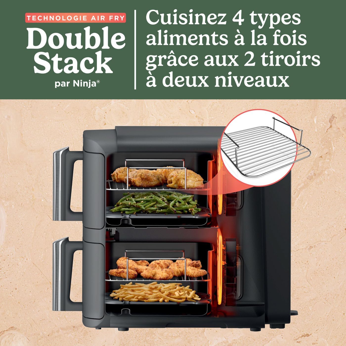 Ninja Double Stack XL Friteuse sans huile, friteuse verticale à 2-tiroirs, 4-niveaux cuisson, 2-tiroirs et 2-grilles, design compact, capacité de 9,5L, 6-fonctions de cuisson, 8-portions