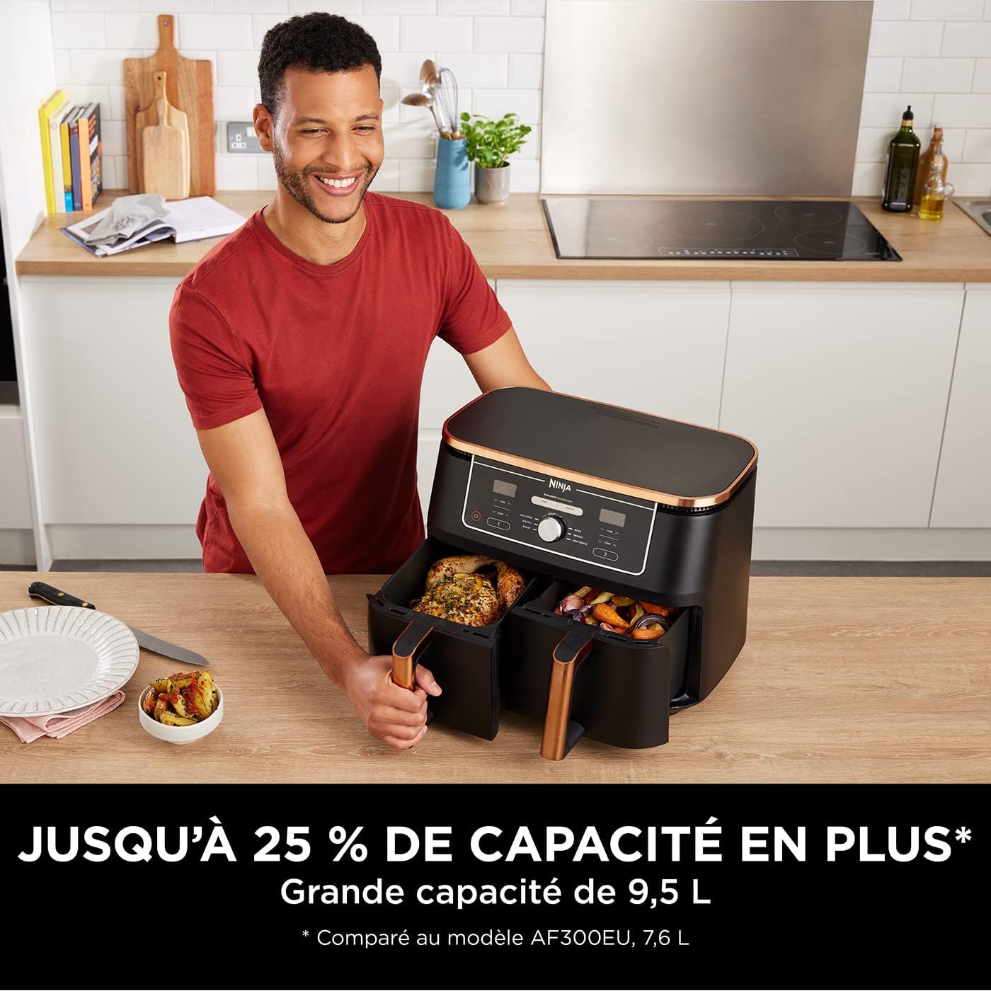 NINJA Foodi MAX Dual Zone Air Fryer, 2-Tiroirs, 9,5L, 6-en-1, Sans Huile, Air Fry, Max Crisp, Rôtir, Cuire, Paniers Anti-adhésifs Lavables Au Lave-Vaisselle, Cuivre/Noir