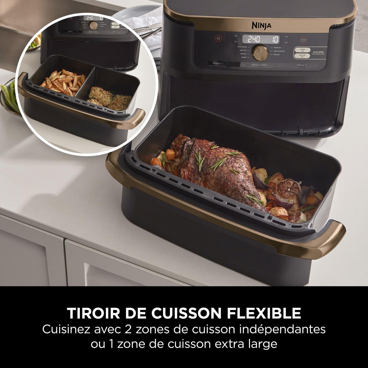 NINJA Foodi FlexDrawer Air Fryer, Dual Zone Avec Séparateur Amovible, Grand Tiroir de 10.4 L, 7-en-1, Double Zone, Pièces Antiadhésives Compatibles Au Lave-Vaisselle, Noir & Cuivre, AF500EUCP