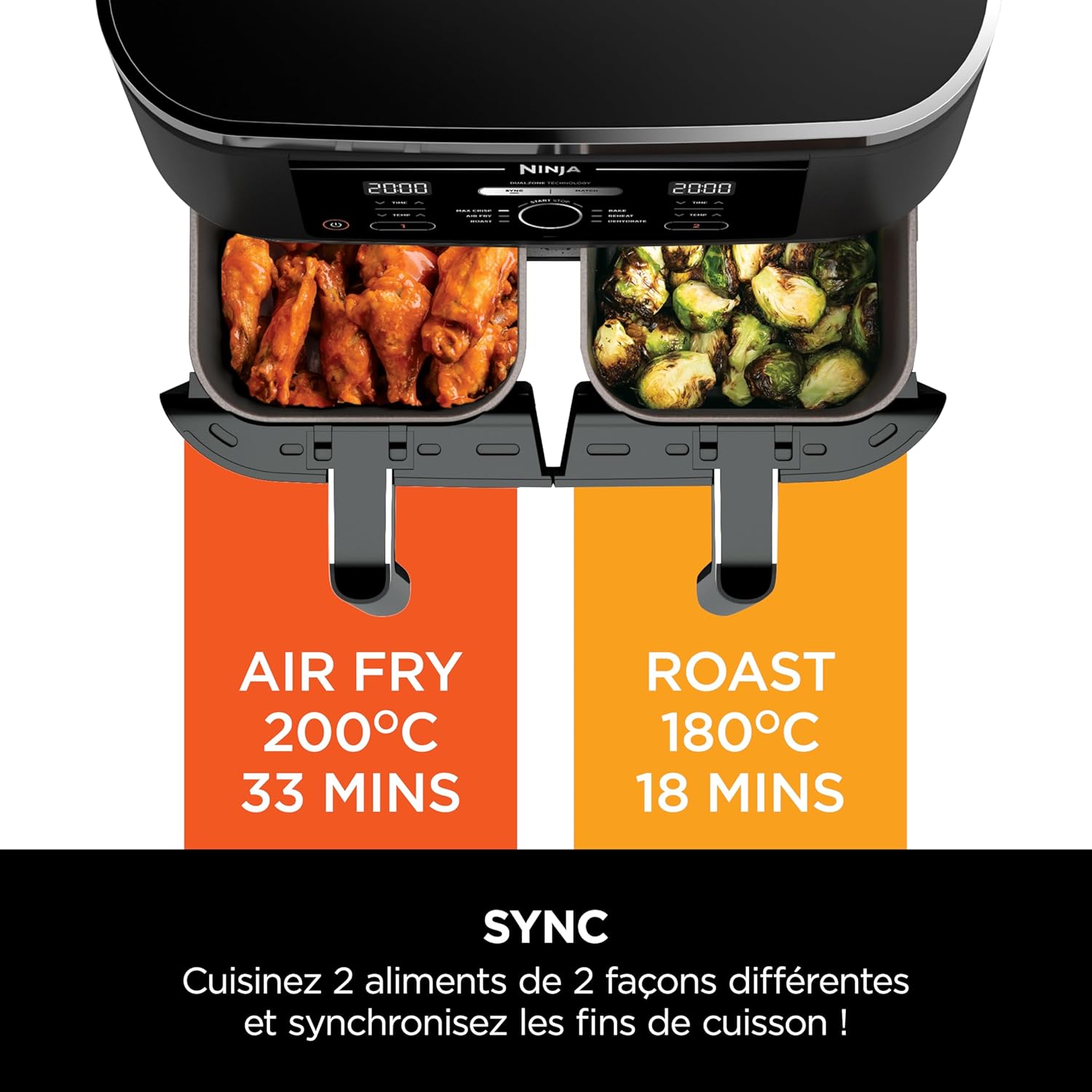 NINJA Foodi MAX Dual Zone Air Fryer, 2-Tiroirs, 9,5L, 6-en-1, Sans Huile, Air Fry, Croustillant Max, Rôtir, Cuire, Déshydrater, 8 Portions, Paniers Antiadhésifs Vont Au Lave-Vaisselle, Noir AF400EU