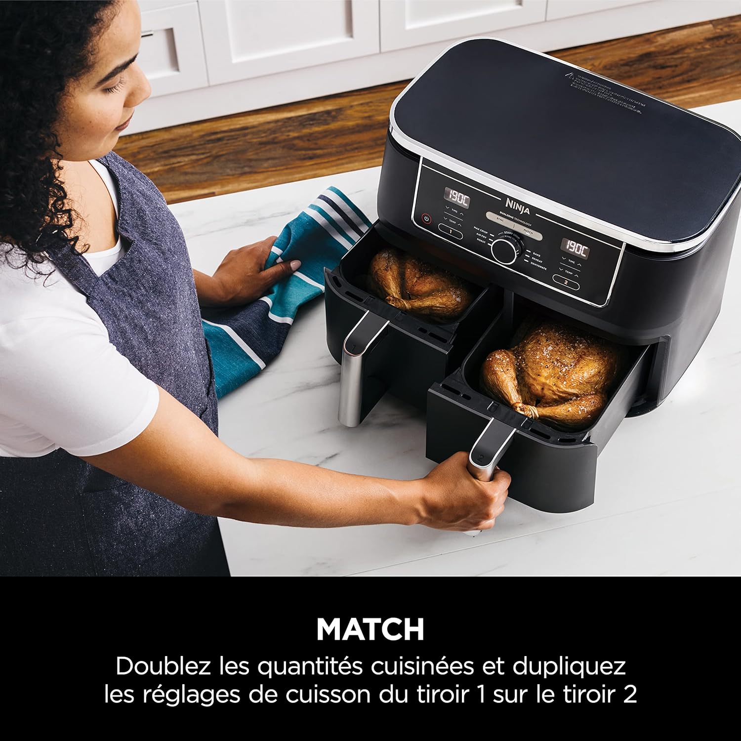 NINJA Foodi MAX Dual Zone Air Fryer, 2-Tiroirs, 9,5L, 6-en-1, Sans Huile, Air Fry, Croustillant Max, Rôtir, Cuire, Déshydrater, 8 Portions, Paniers Antiadhésifs Vont Au Lave-Vaisselle, Noir AF400EU